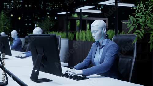 3d render of humanoid robots working in modern office, future concept