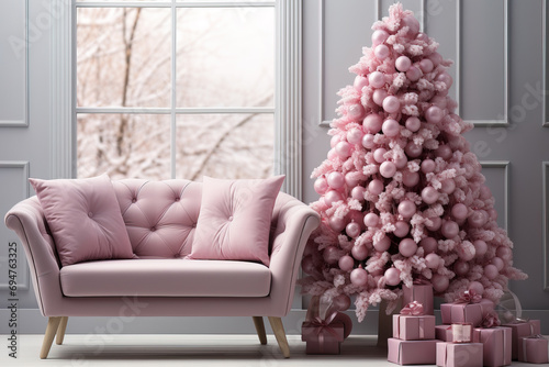 Elegant Christmas-setup with a pink tree, matching presents and a plush sofa set against a snowy window backdrop.