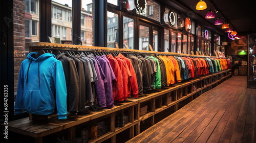 Vibrant collection of colorful hoodies displayed in a trendy urban clothing store with warm  cozy lighting.