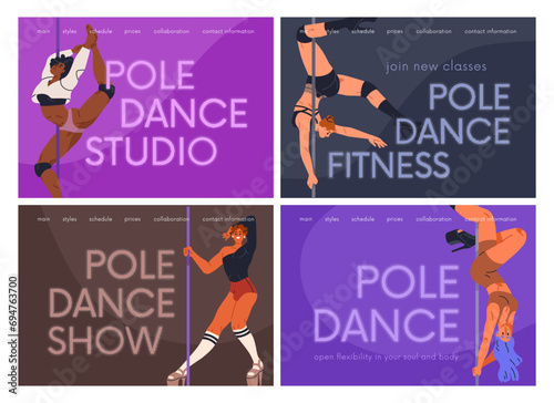 Pole dance classes, web-site background designs set. Poledance dancers, website template, landing page, internet banner with sexy women at high heels show, school, studio. Flat vector illustrations