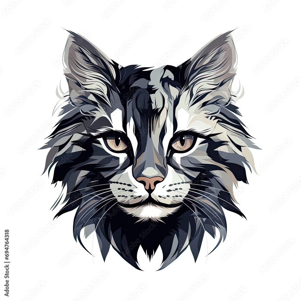 The muzzle of a fluffy cat. The illustration is in grayscale. Isolated image on a white background