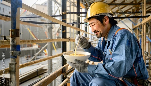 ビルの工事現場で休憩中にカップラーメンを食べている男性作業員 photo