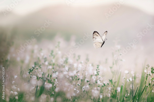white butterfly flies free in the middle of a flowery meadow #694765309