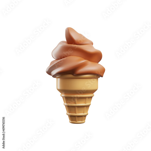 Ice cream in wafer cone realistic 3D icon, soft serve chocolate ice cream in wafer style cone, vector frozen dessert