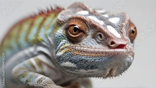Close-up portrait of a chameleon against white background  highly detailed  background image  generative AI