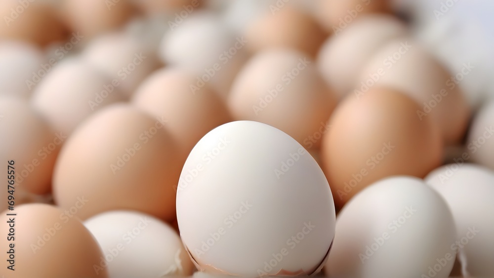 Close-up portrait of a chicken eggs against white background, highly detailed, background image, generative AI Close-up portrait of a chicken eggs against white background, highly detailed, background image, generative AI