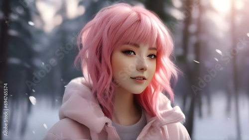 Portrait of a smiling pink hair female in anime style surrounded by winter spruce forest with space for text, background image, generative AI