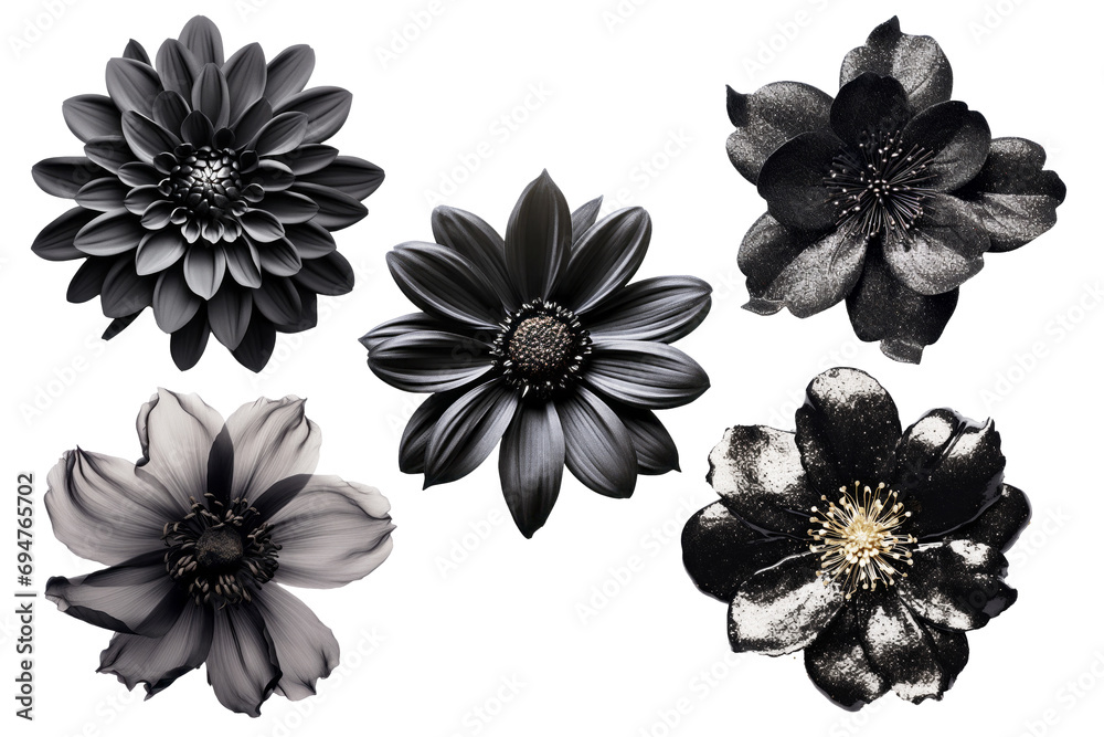 Set of black flowers on isolated background