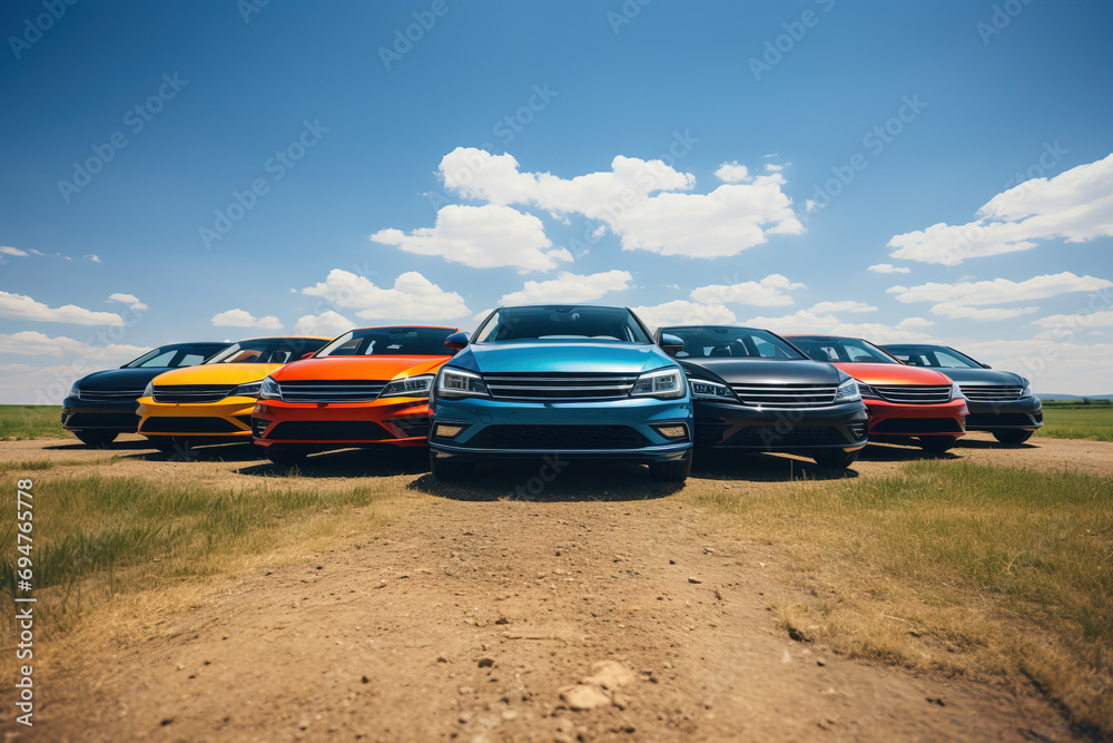 A vibrant lineup of diverse colored cars parked in an open field under a vast blue sky, showcasing modern automotive design.