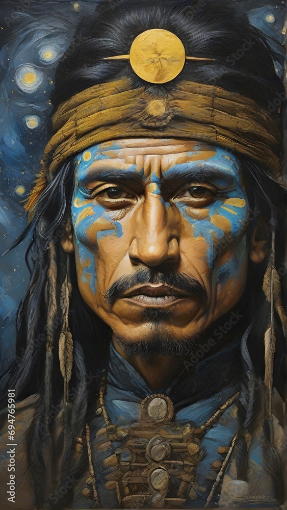 Painting of the face of an Apache Indian warrior with high quality, highly detailed, background image, generative AI
