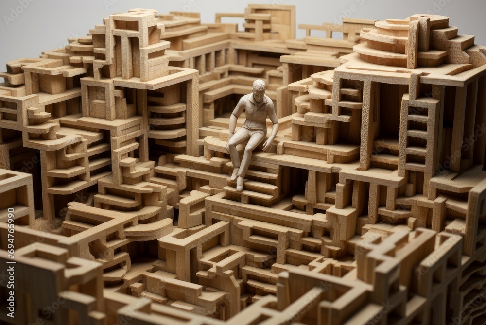 Man stuck in the middle of maze. Confused male blocked in round labyrinth. Generate ai Man stuck in the middle of maze. Confused male blocked in round labyrinth. Generate ai