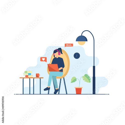Illustration of A Woman Working On Laptop. Flat design vector for web design, etc.