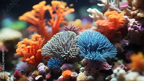 Close-up image showcasing the vibrant and intricate details of coral  with tiny marine creatures  background image  generative AI