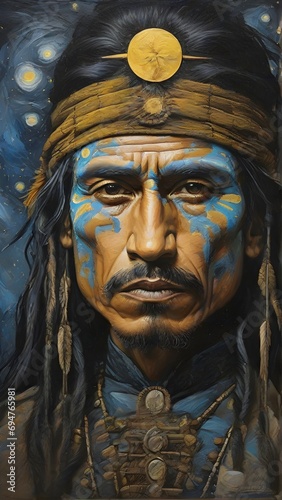 Painting of the face of an Apache Indian warrior with high quality  highly detailed  background image  generative AI