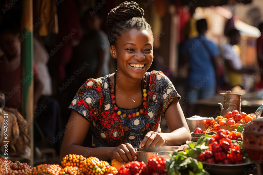 Joyful African woman selling fresh fruits and vegetables at a sunny local market, dressed in colorful traditional attire. - obrazy, fototapety, plakaty 