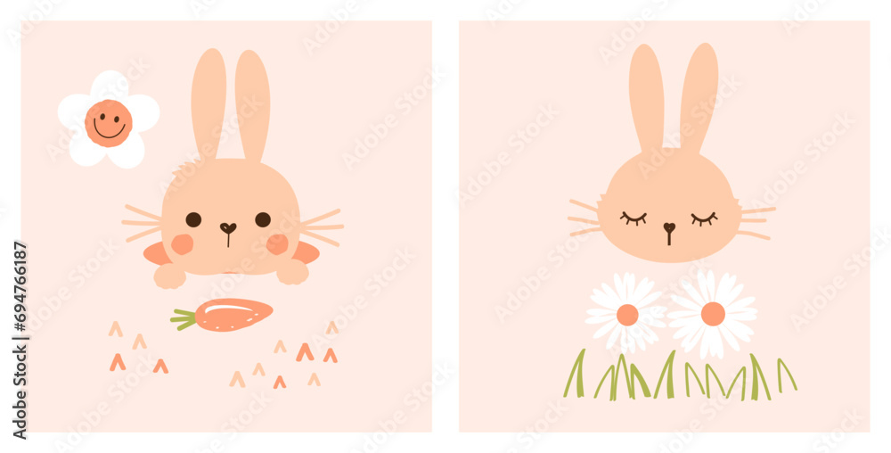 Bunny rabbit cartoons, green grass, carrot and daisy flower on orange backgrounds vector. Cute childish print.