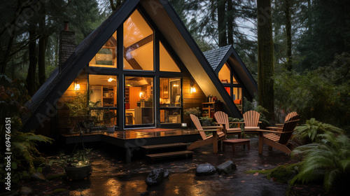 Twilight settles over a modern A-frame cabin in the forest, its interior lights casting a warm glow on the surrounding wood deck and Adirondack chairs.
