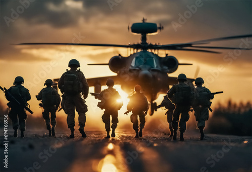 Uniti al Tramonto- Silhouette di una Squadra Militare e Aereo Pronti per la Missione photo
