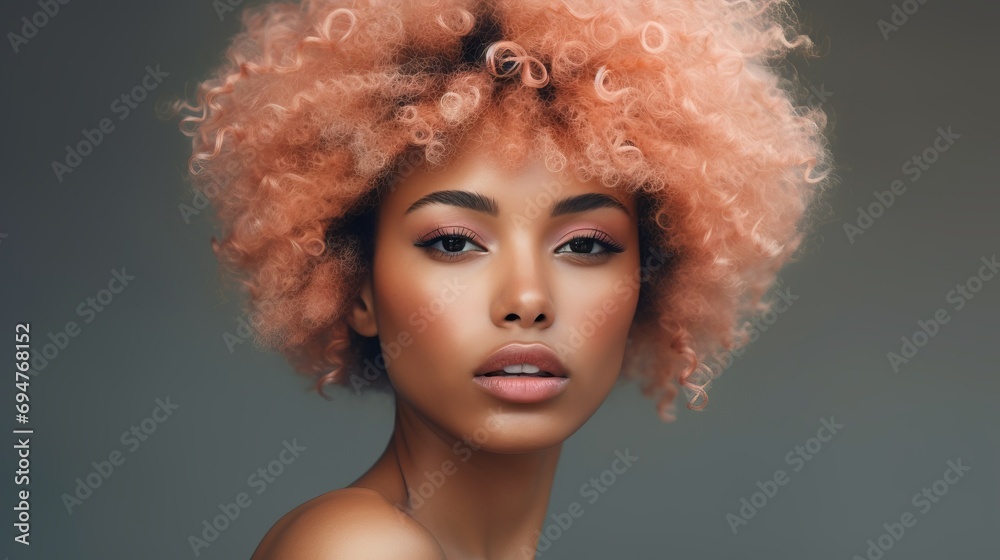 Close-up portrait of beautiful black woman with plump lips and short Peach Fuzz colored hair on a gray background. Fashion, trend 2024, color of the year, beauty concept.
