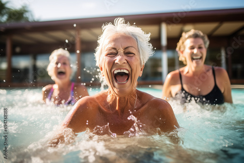 Active beautiful senior women enjoying aqua fit class in a pool