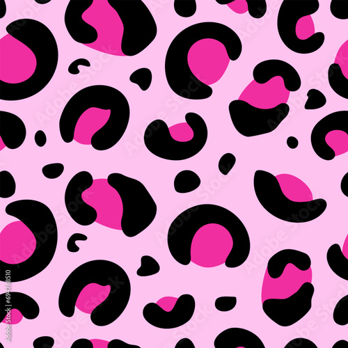Leopard, seamless animalistic pattern. Abstract black and pink illustration. Safari, animal skin. For wallpaper, fabric, wrapping, background