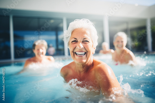 Active beautiful senior women enjoying aqua fit class in a pool