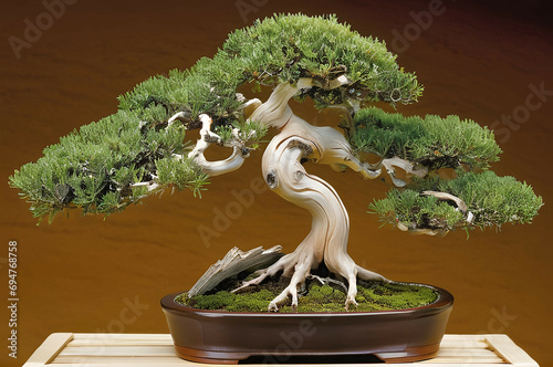 Japanese juniper Bonsai tree in a ceramic pot on brown background. AI generated.
