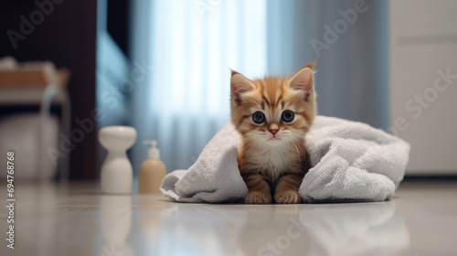 un chaton dans une salle de bain qui joue avec une serviette
 photo