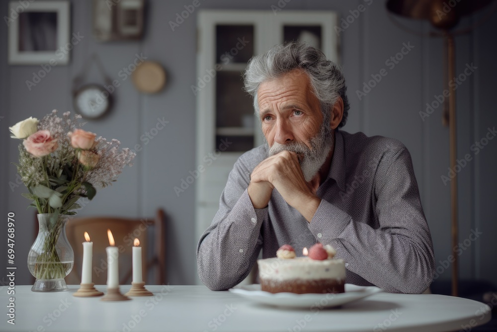 A depressed elderly man celebrates a birthday alone with a cake, expressing solitude and sadness.