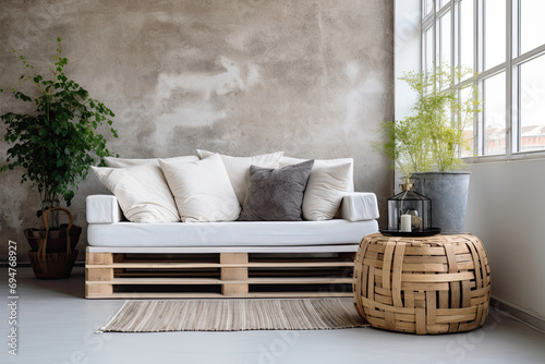 A trendy, modern loft interior featuring a pallet couch, simple design, and green accents.