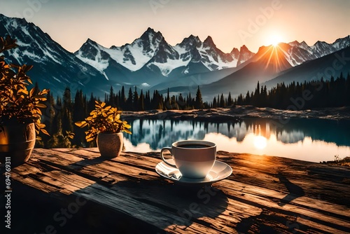 Sunrise in Mountains with a cup of coffee