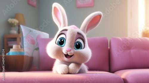 A cute white and pink bunny with big eyes lies happily on a pink couch in the living room, 3d rendering © Teppi