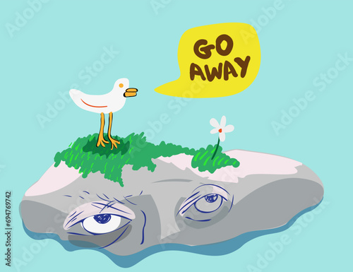 seagull on a stone in the form of a head. sea scene in flat style in vector. wreckage of civilization.illustration for packaging design, postcard, sticker, background