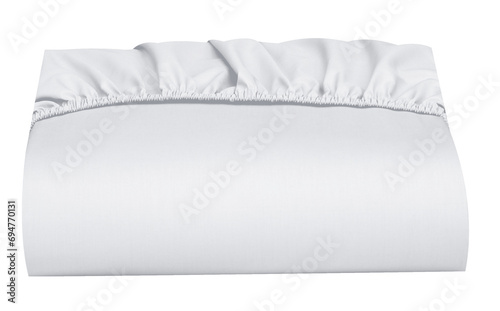 White bedsheet folded cover with elastic band, White fitted sheet elasticized on a white background, Bed corner with white fitted sheet