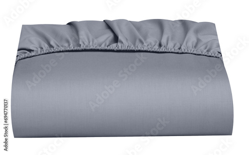Grey bedsheet folded cover with elastic band, Grey fitted sheet elasticized on a white background, Grey Bed corner with Grey fitted sheet