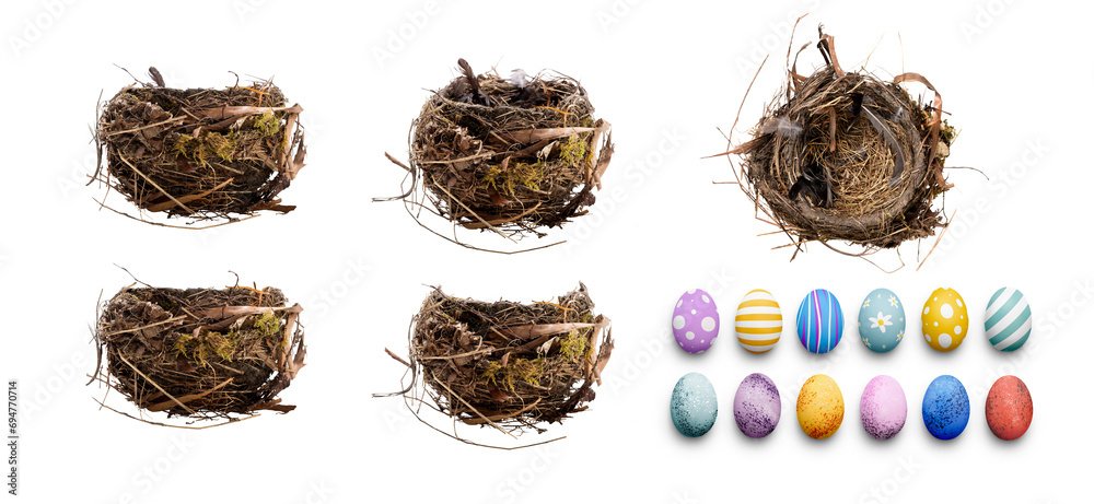 A collection of natural, real birds nests from the side isolated against a transparent background with a copy of the front that can be placed over the top of painted Easter eggs added to the nest.