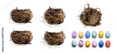 A collection of natural, real birds nests from the side isolated against a transparent background with a copy of the front that can be placed over the top of painted Easter eggs added to the nest.