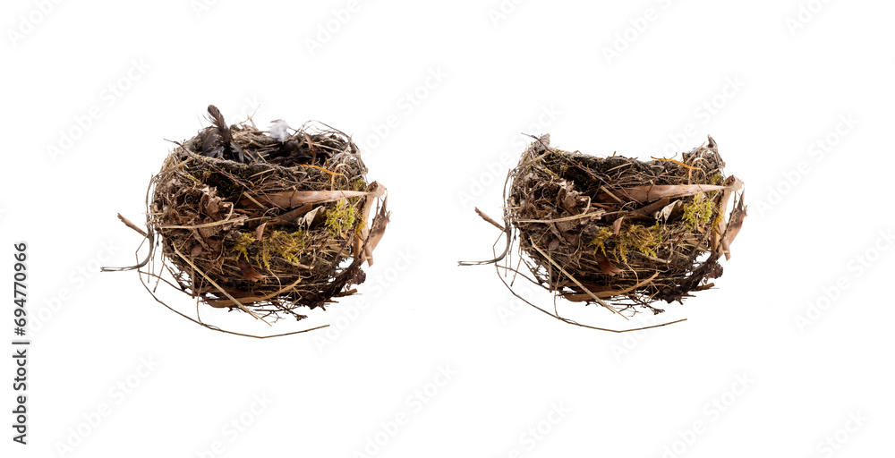 A side view of a natural, real birds nest isolated against a transparent background along with a copy of the front part that can be placed over the top of other layers added to the nest.