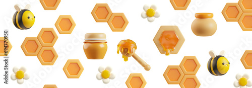 Honey background with cute volume 3d vector illustrations on white