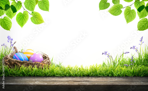 Obraz na płótnie A blank template of three painted easter eggs in a birds nest celebrating a Happy Easter with a wooden bench to place products on with green grass and transparent background w salonie