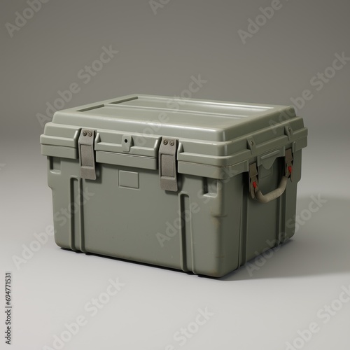 Vintage military metal box with a weathered texture and precision corners. Its utilitarian design and rugged appearance exude a sense of strength and durability