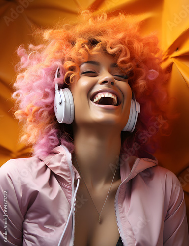 smiling and laughing young woman with orange hair listening to music and her headphone stock photo, in the style of uhd image, psychedelic color palette, dark pink and white, afrofuturism.Ai