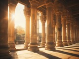 Ancient desert oasis with grand columns, intricate carvings, and weathered stones. Hyper-realistic image with sharp focus, lens flare, and radiant glow
