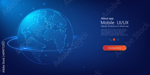 Futuristic Digital Globe Representation with Luminous Network Lines on Dark Background. Low poly blue. Polygonal abstract space illustration.