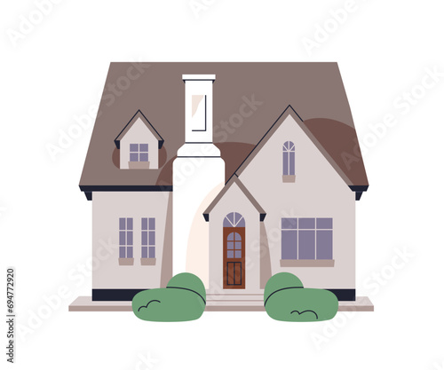 House exterior. Home building facade. Residential construction, living structure. One-storey architecture, outdoor view. Real estate, property. Flat vector illustration isolated on white background