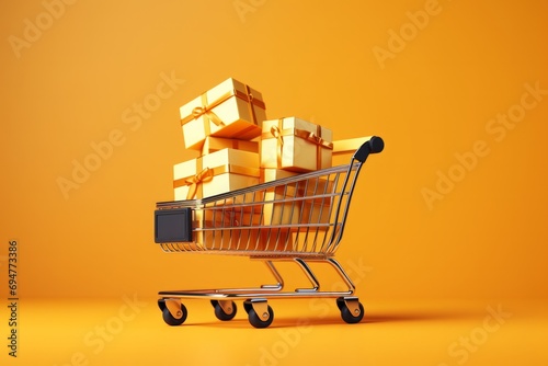Shopping cart with gift boxes on a yellow background