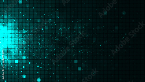 Turquoise mosaic background in technology concept. Abstract green LED squares and particles. Technology digital square turquoise color background. Green pixel grid background. 3D rendering photo