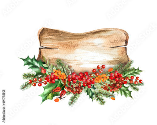 Watercolor illustration of a New Year's composition with a wooden background for text and holly, rowan, rosehip. Hand drawn to decorate cards, frames, advertisements, notices, etc. photo