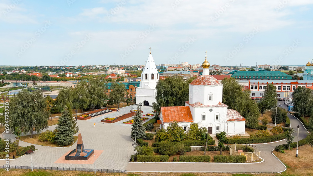 Syzran, Russia - August 21, 2021: Syzran Kremlin. Church of the Nativity, Aerial View