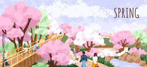Spring cherry blossom. Japan park landscape background. Blooming floral trees, lush pink flowers, sakura in nature. People walking, Japanese Hanami season holiday, springtime. Flat vector illustration